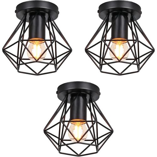 3pcs Plafonnier Industrielle Cage En Métal Lampe De Plafond E27 Noir