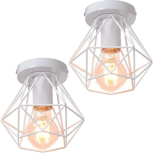 2pcs Plafonnier Industrielle Cage En Métal Lampe De Plafond E27 Blanc Pour Salon Salle Chambre