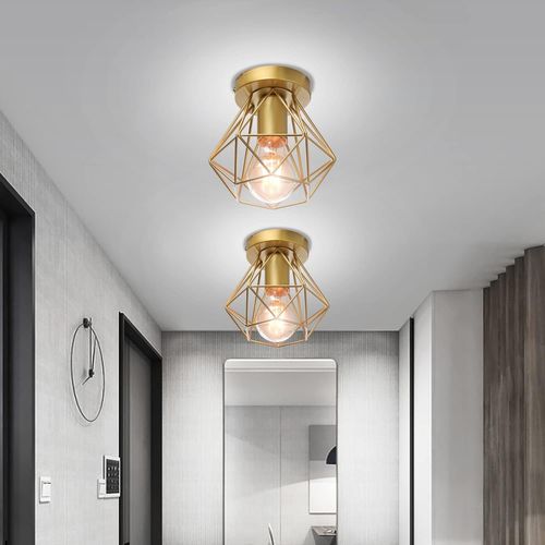 2pcs Plafonnier Industrielle Cage En Métal Lampe De Plafond E27 Or Pour Salon Salle Chambre