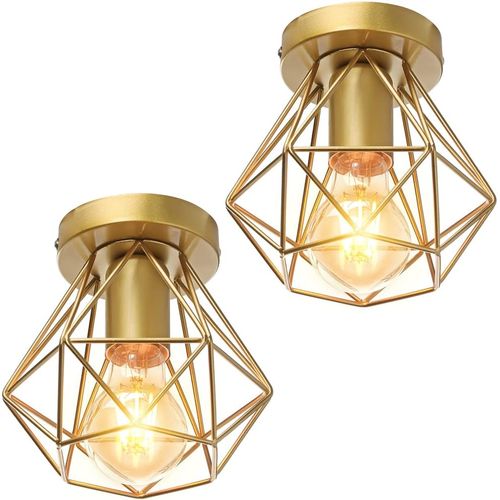 2pcs Plafonnier Industrielle Cage En Métal Lampe De Plafond E27 Or Pour Salon Salle Chambre