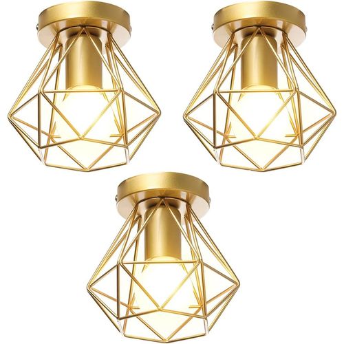 3pcs Plafonnier Industrielle Cage En Métal Lampe De Plafond E27 Or Pour Salon Salle Chambre