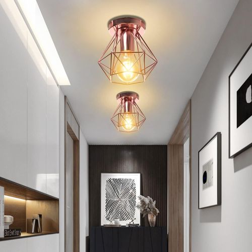 2pcs Plafonnier Industrielle Cage En Métal Lampe De Plafond E27 Rose Pour Salon Salle Chambre