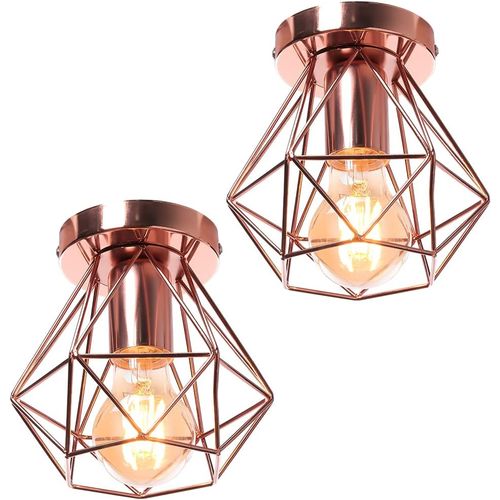 2pcs Plafonnier Industrielle Cage En Métal Lampe De Plafond E27 Rose Pour Salon Salle Chambre