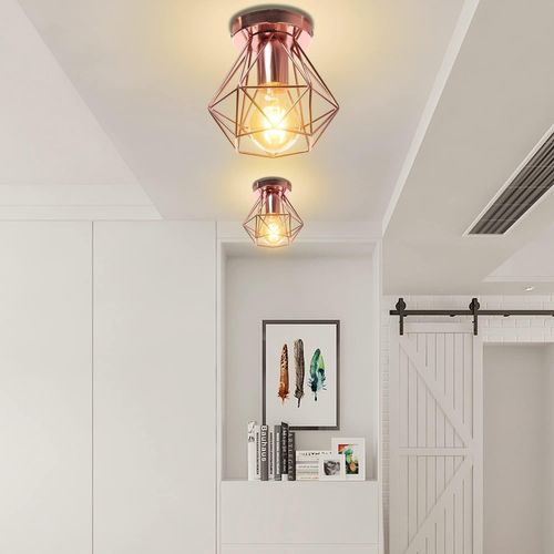 3pcs Plafonnier Industrielle Cage En Métal Lampe De Plafond E27 Rose Pour Salon Salle Chambre