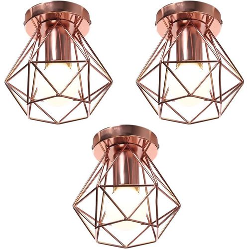 3pcs Plafonnier Industrielle Cage En Métal Lampe De Plafond E27 Rose Pour Salon Salle Chambre
