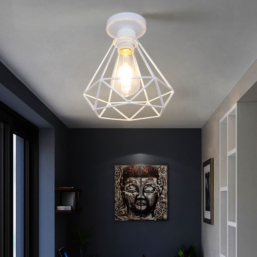 Rétro Plafonnier Industrielle 20cm Lustre Abat-jour En Fer Lampe De Plafond E27 Blanc