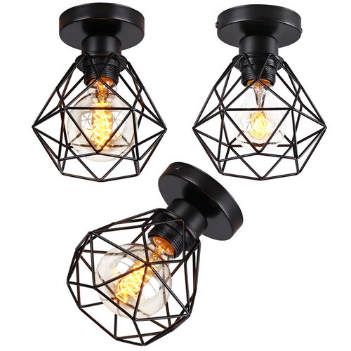 3pcs Plafonnier Rétro Vintage Cage En Métal Luminaire Plafonnier Moderne Lustre D'intérieur Noir