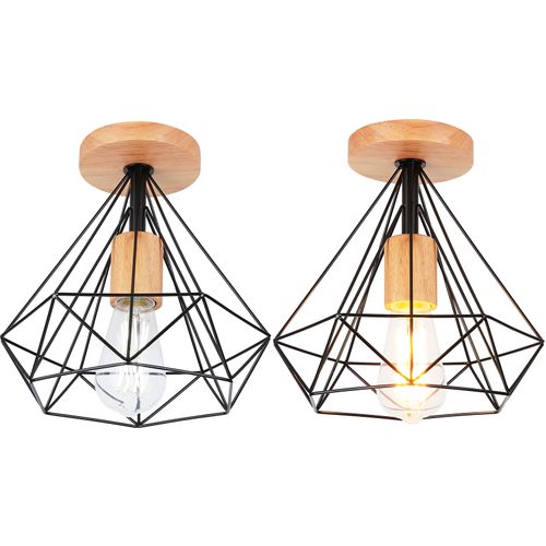 2x Plafonnier Vintage Industriel E27 Suspension Eclairage De Plafond Cage Noir