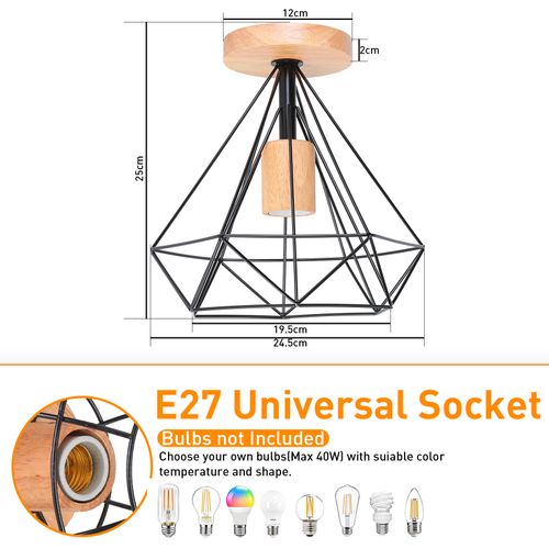 2x Plafonnier Vintage Industriel E27 Suspension Eclairage De Plafond Cage Noir