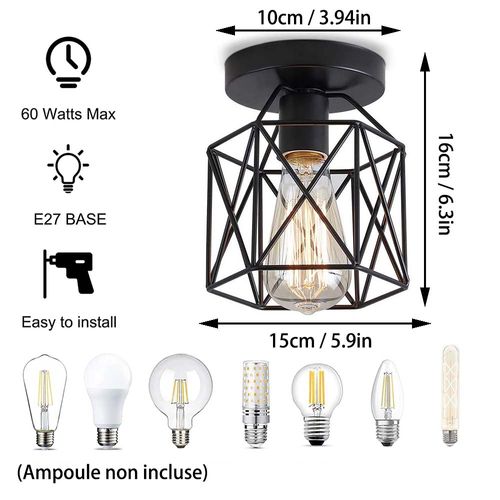 4x Plafonnier Industriel Vintage Lampe De Plafond E27 Noir