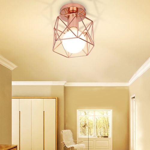 Retro Plafonnier Industrielle En Métal Suspension Cube Luminaire E27 Pour Salon Chambre Rose