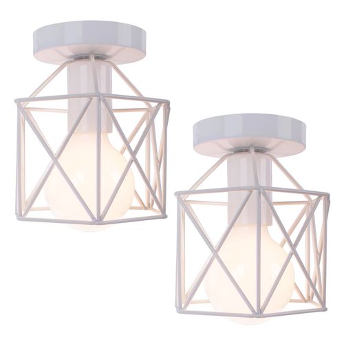 2x Plafonnier Vintage Industrielle Cage Lampe De Plafond Métal Blanc