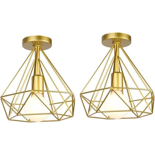 2x Plafonnier Industrielle 25cm Forme Diamant Éclairage De Plafond Pour Salon Bar Chambre Or