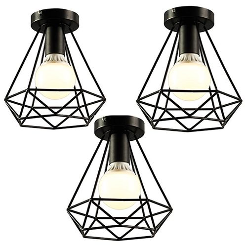 3pcs Plafonnier Industrielle Vintage Cage 20cm E27 Lampe De Plafond Pour Salon Chambre Noir
