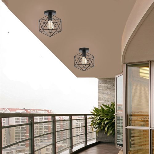 2x Plafonnier Industriel Cage Lampe De Plafond Abat-jour Métal Pour Couloir Chambre Salon Noir