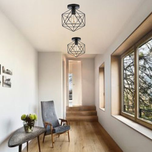 2x Plafonnier Industriel Cage Lampe De Plafond Abat-jour Métal Pour Couloir Chambre Salon Noir