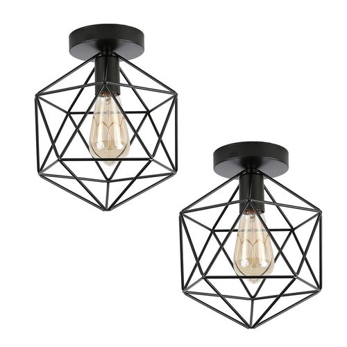 2x Plafonnier Industriel Cage Lampe De Plafond Abat-jour Métal Pour Couloir Chambre Salon Noir