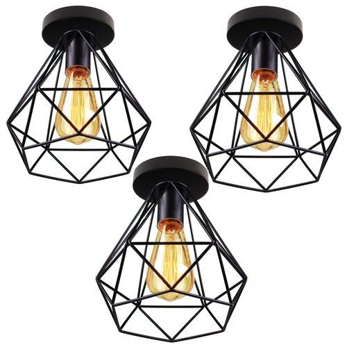 Lot De 3 Plafonnier Industrielle Cage Vintage Lampe De Plafond E27 Pour Cuisine Noir