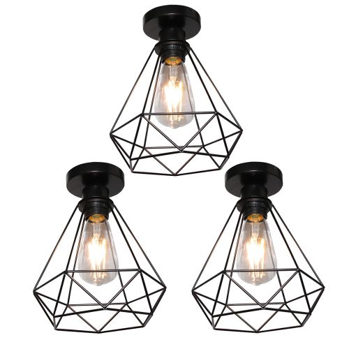 3x Rétro Plafonnier Industrielle Cage 20cm Lustre Abat-jour En Fer Lampe De Plafond E27 Noir