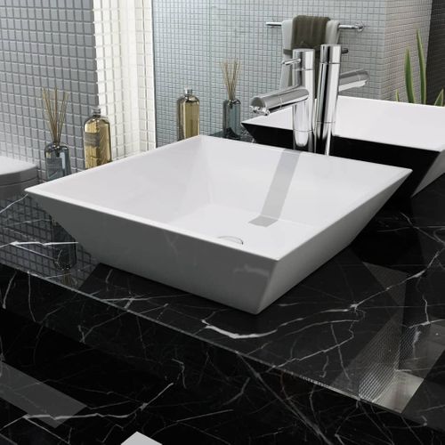 Lavabo Avec Glaze Anti-tache Brillante et Trou De Drain Carré Céramique Blanc 41,5x41,5x12 Cm