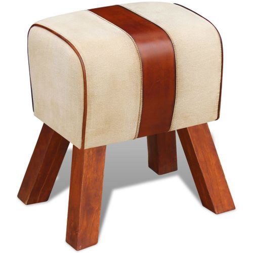 Tabouret Toile Et Cuir Véritable Marron 40 X 30 X 45 Cm