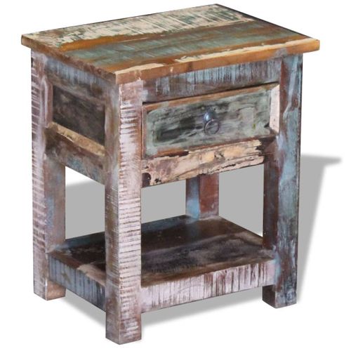 Table D'appoint 1 Tiroir Bois De Récupération Massif 43x33x51cm