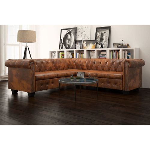 Canapé D'angle Chesterfield 5 Places Cuir Artificiel Marron