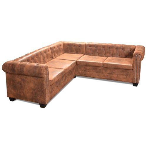 Canapé D'angle Chesterfield 5 Places Cuir Artificiel Marron