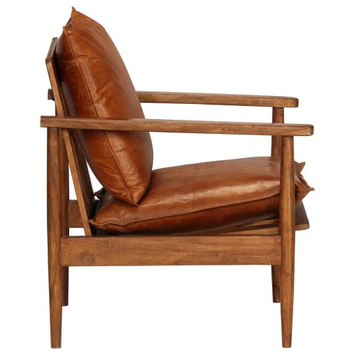 Fauteuil Marron Cuir Véritable Avec Bois D'acacia