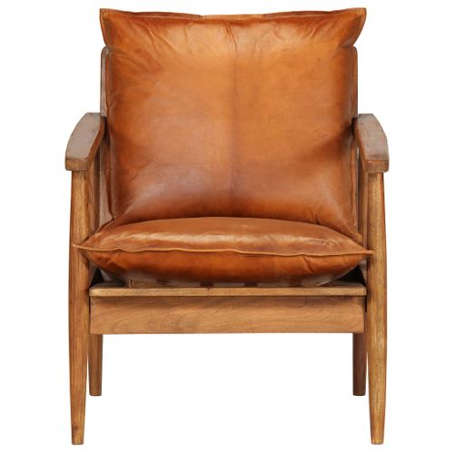 Fauteuil Marron Cuir Véritable Avec Bois D'acacia