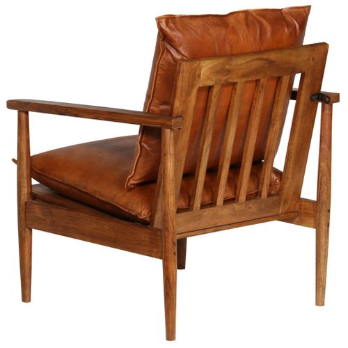 Fauteuil Marron Cuir Véritable Avec Bois D'acacia
