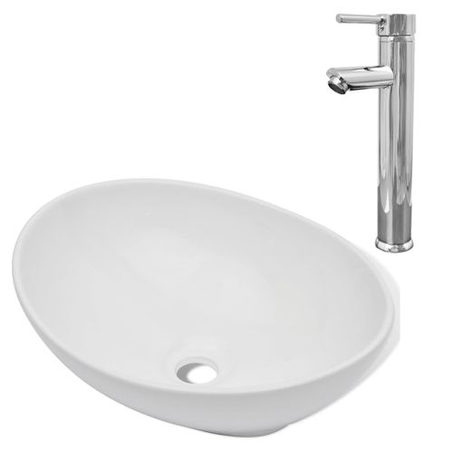 Lavabo De Salle De Bain Avec Mitigeur Céramique Ovale Blanc