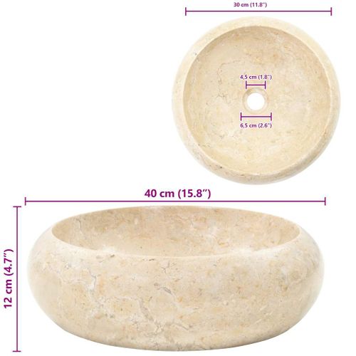 Évier Rond Marbre Crème 40x12 Cm Trou Évacuation 4,5 Cm