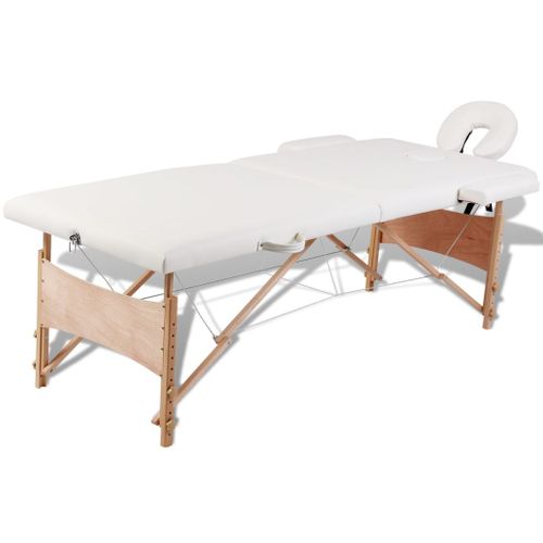 Table Pliable De Massage Blanc Crème 2 Zones Avec Cadre En Bois