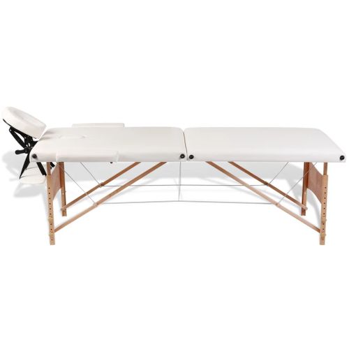 Table Pliable De Massage Blanc Crème 2 Zones Avec Cadre En Bois