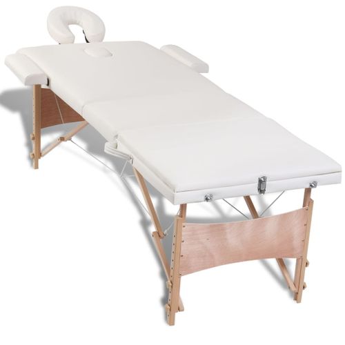 Table Pliable De Massage Crème 3 Zones Avec Cadre En Bois