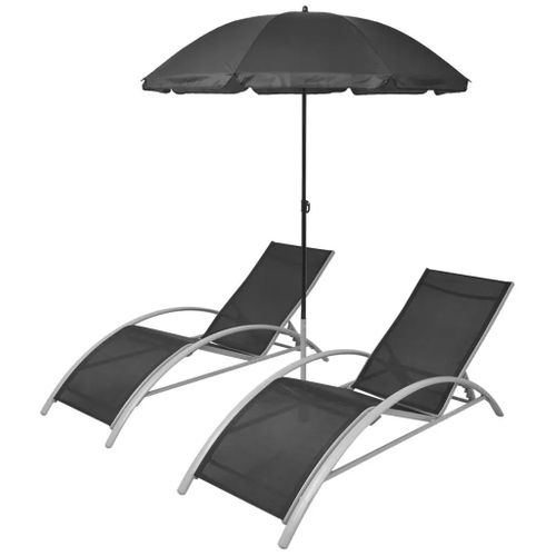 Set De 2 Chaises Longues Et Parasol - 156x60x89 Cm - Noir