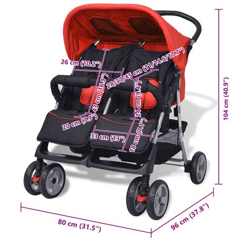 Poussette Double Bébé Acier Rouge/noir Inclinable Pliable