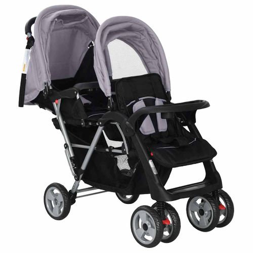 Poussette Tandem Bébé Pliable Panier Acier Gris/noir