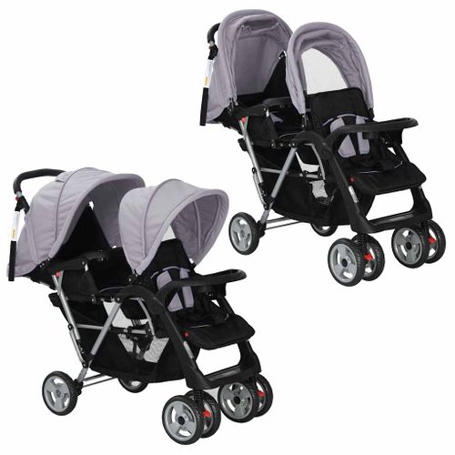 Poussette Tandem Bébé Pliable Panier Acier Gris/noir
