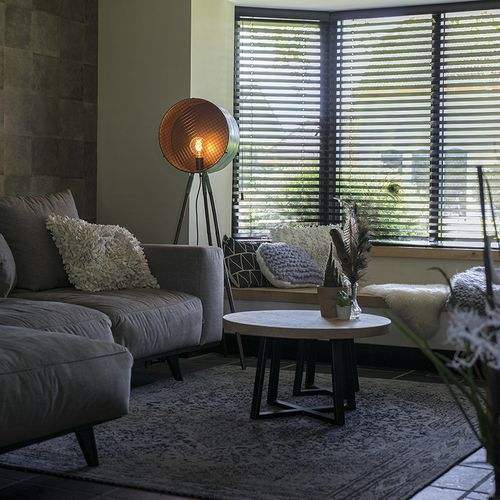 Lampadaire Vintage Sur Trépied En Bambou Vert Avec Cuivre - Canon