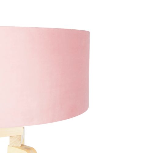 Lampadaire Tripode Bois Avec Abat-jour Velours Rose 50 Cm - Puros