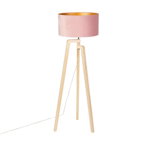 Lampadaire Tripode Bois Avec Abat-jour Velours Rose 50 Cm - Puros