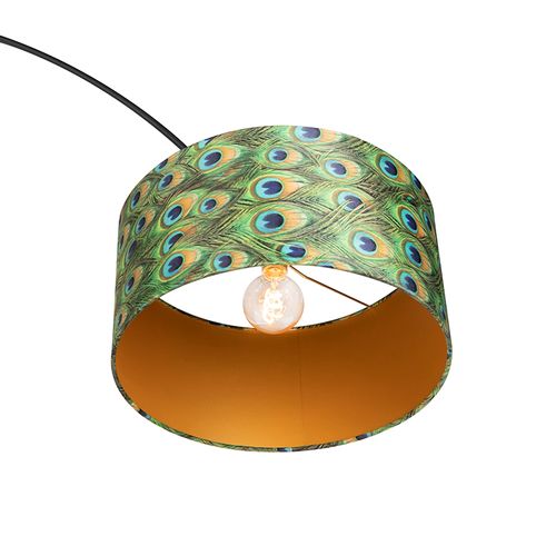Lampe D'arc Botanique Abat-jour En Velours Noir Motif Paon 50 Cm - XXL