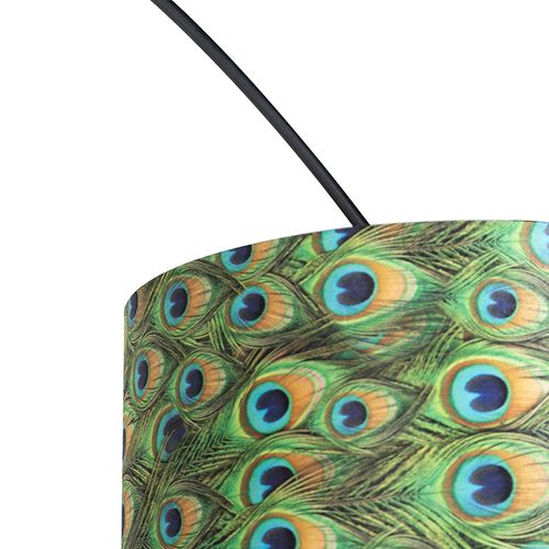 Lampe D'arc Botanique Abat-jour En Velours Noir Motif Paon 50 Cm - XXL