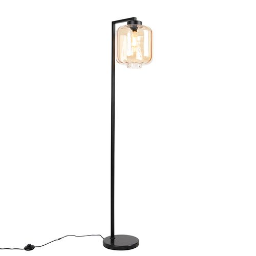 Lampadaire Design Noir Avec Verre Ambré - Qara Down