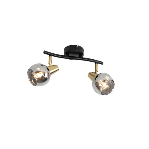 Plafonnier Noir Avec Laiton Et Verre Fumé 2 Lumières - Vidro