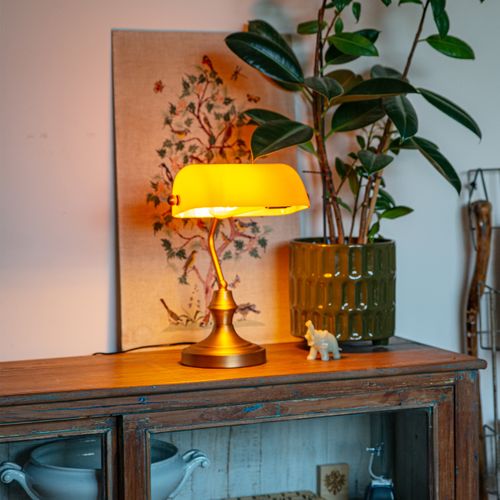 Lampe De Notaire Classique En Bronze Avec Verre Ambré - Banker
