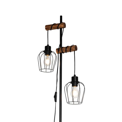 Lampadaire Rural Noir Avec Bois 2 Lumières - Stronk