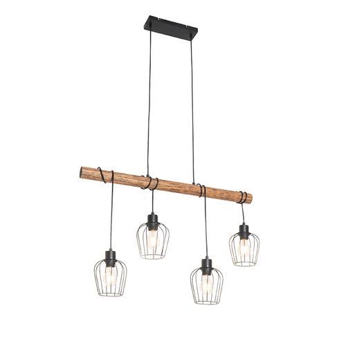 Suspension Rustique Noire Avec Bois 4 Lumières - Stronk